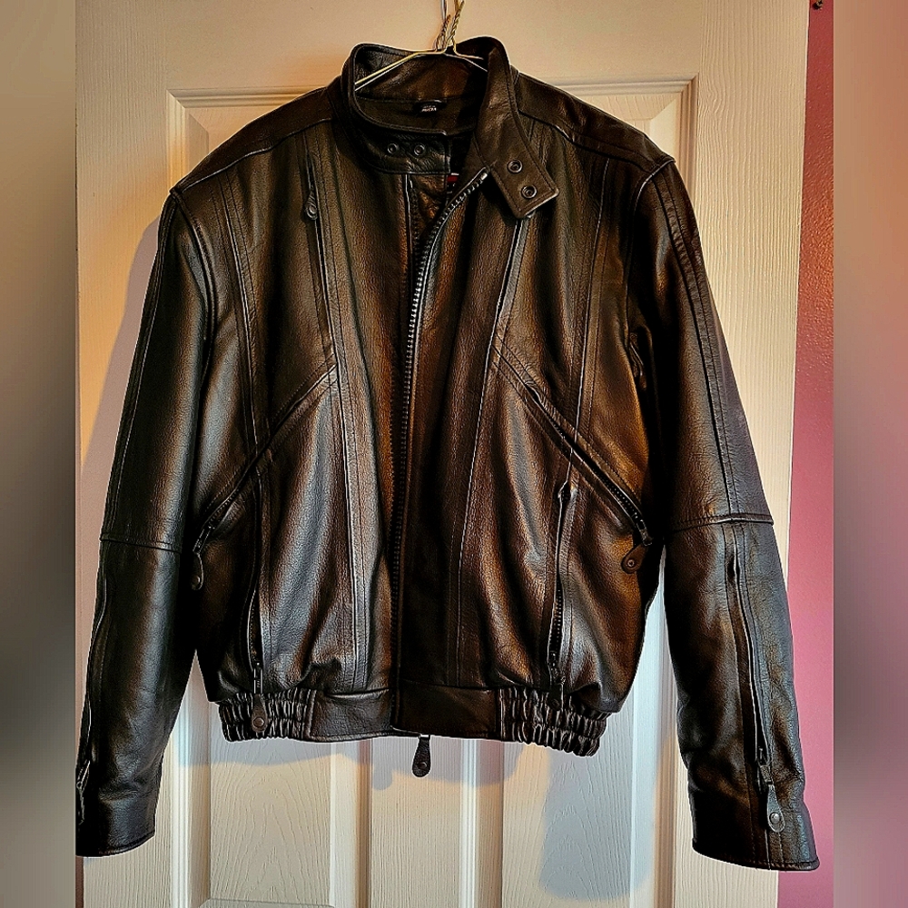 Black leather motorcycle jacket